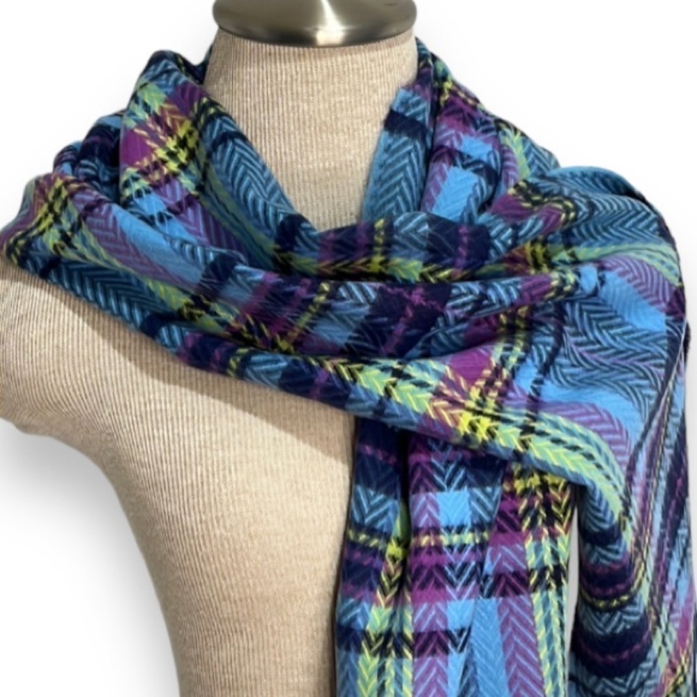 Softer Than Cashmere? D&Y Plaid Scarf Blue Black Pink and Yellow with Tassels